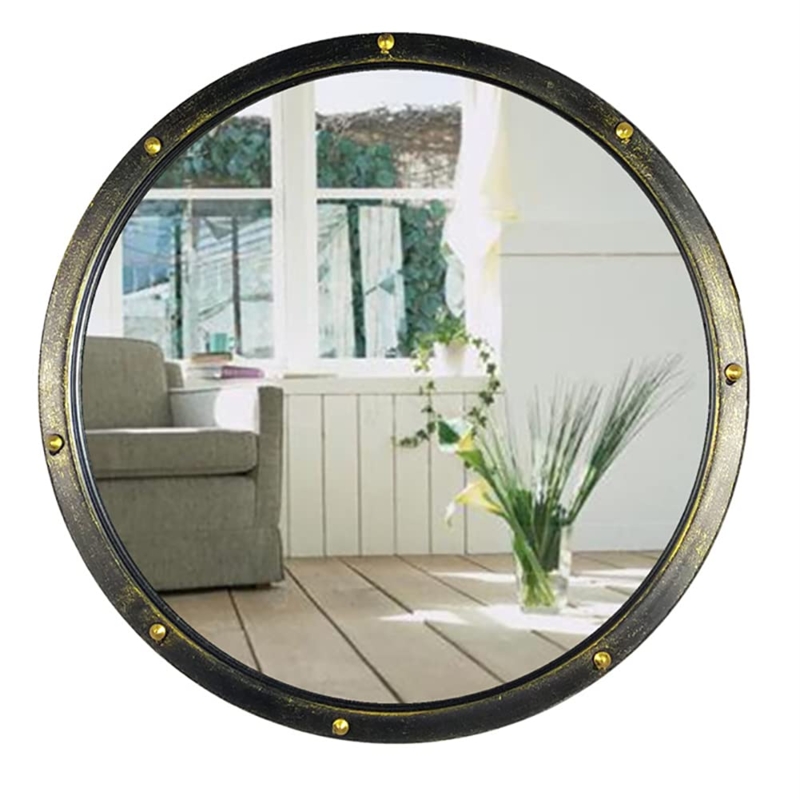 Round Wall Mirror, Distressed Iron Frame, Rivet Detailing, Industrial Decor