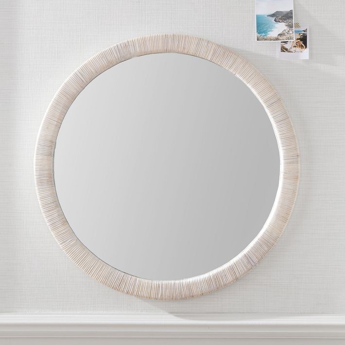Round Wall Mirror featuring Whitewashed Concentric Rattan Weave