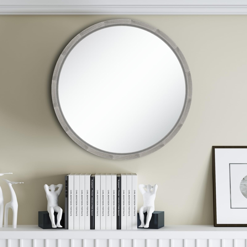 Round Wall Mirror, Weathered Wood Grain, Circular Frame