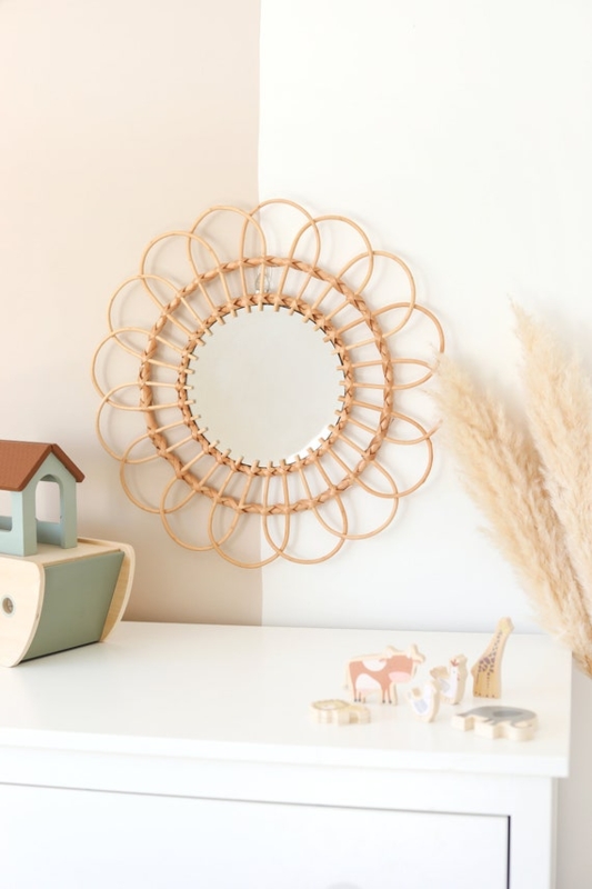 Round Wall Mirror with Bamboo Petal Frame, Botanical Floral Accent