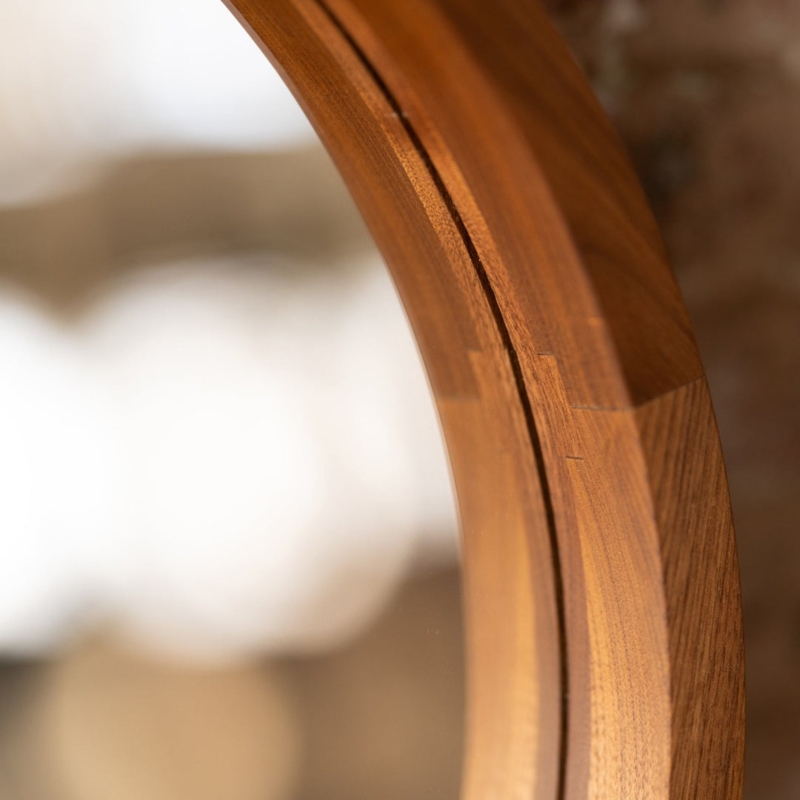 Round Wall Mirror with Exposed Wood Joinery Detail, Minimalist