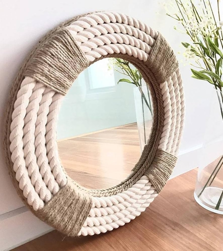 Round Wall Mirror with Jute Rope Frame, Nautical Decor