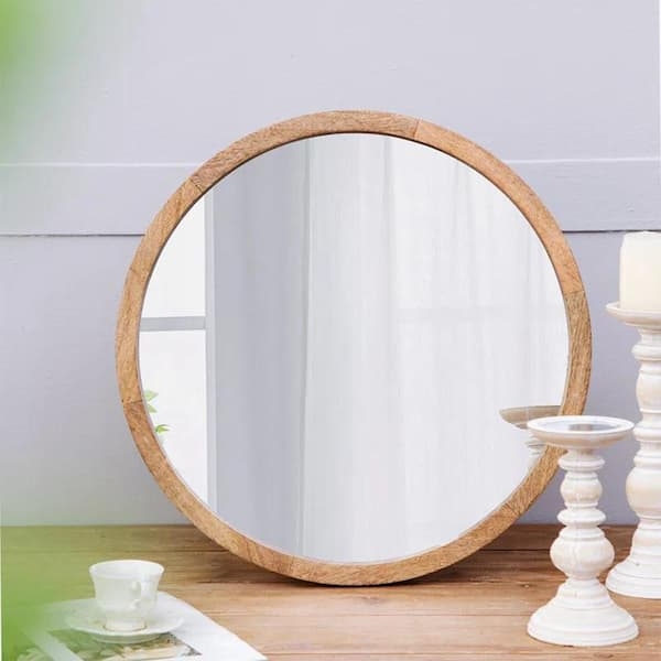 Round Wall Mirror with Thin Frame and Natural Color for Entryway