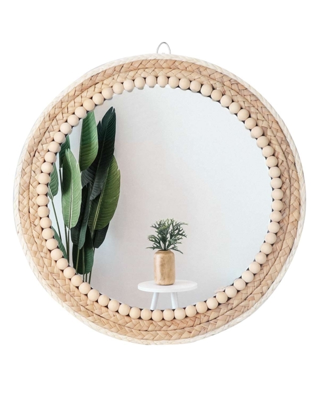 Round Wall Mirror with Wide Woven Rattan Frame, Natural Boho Decor