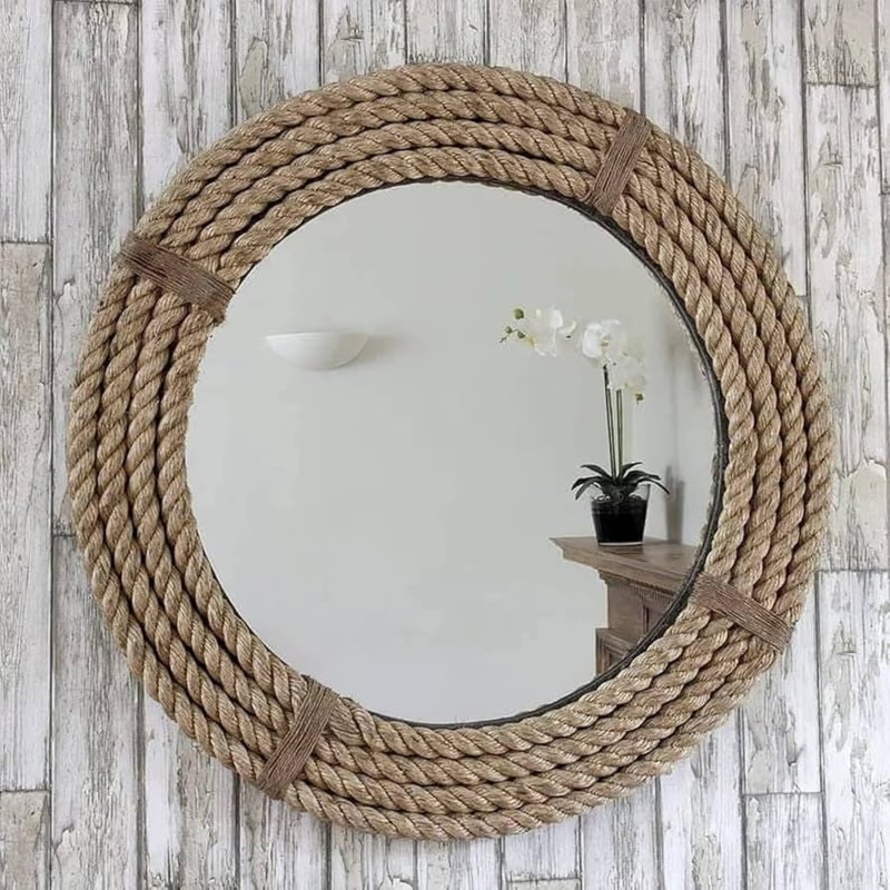 Round Wall Mirror with Wood Frame and Jute Rope Hanger, Nautical