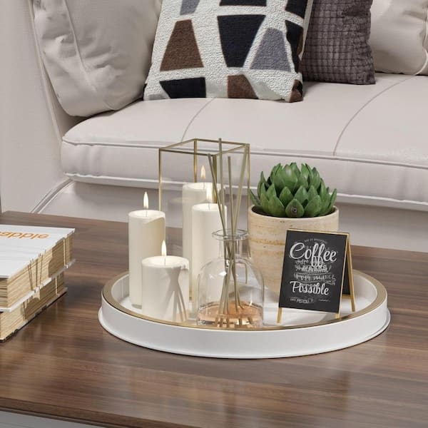 Round White Metal Decorative Tray with Brushed Gold Rim for Minimalist Vanity Decor