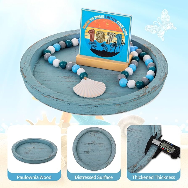 Round Whitewashed Decorative Tray with Starfish Motif and Rope Handles