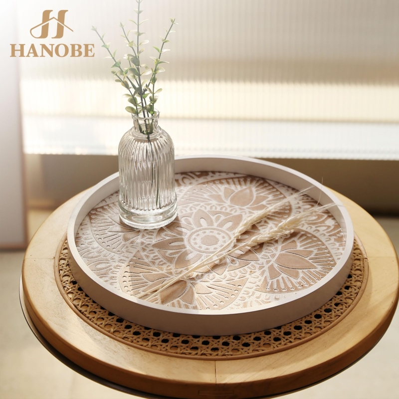 Round Whitewashed Mandala Tray with Metal Handles for Boho Chic Styling