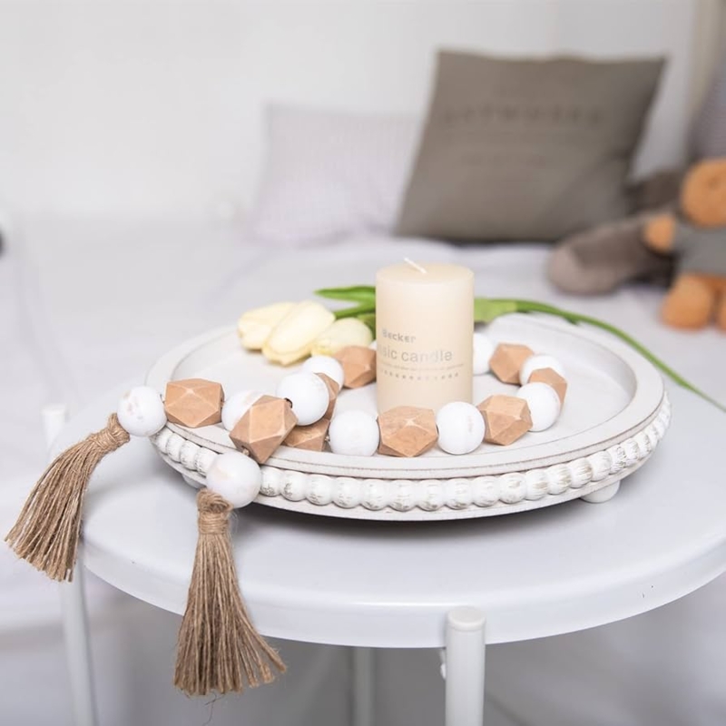 Round Whitewashed Tray with Raised Rim for Farmhouse Rustic Stying