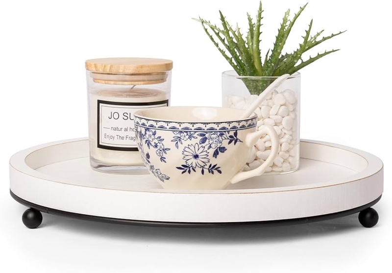 Round Whitewashed Wood Decorative Tray with Beaded Rim & Metal Handles, a Farmhouse Centerpiece