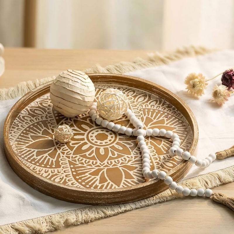 Round Wood Decorative Tray with Bead Garland & Tassels for Farmhouse Decor