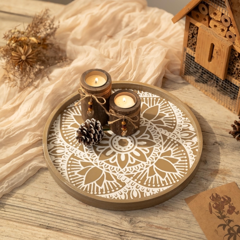 Round Wood Decorative Tray with Raised Rim for Boho Coffee Table Styling