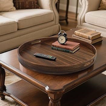 Round Wood Serving Tray with Raised Lip & Metal Handles