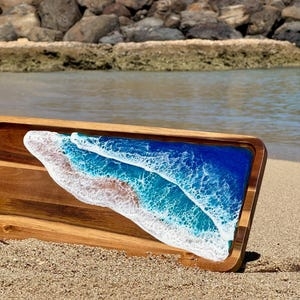 Round Wood Serving Tray with Resin Wave Art and Integrated Handles