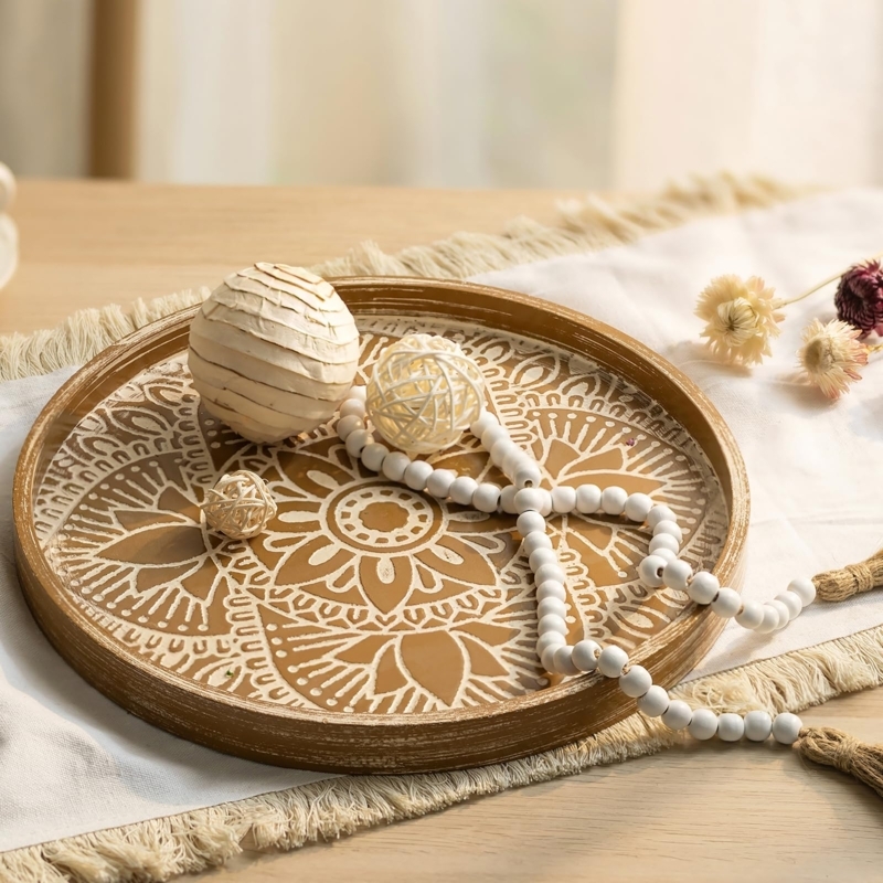 Round Wood Tray with Low Profile Rim for Boho Bead Garland Accents