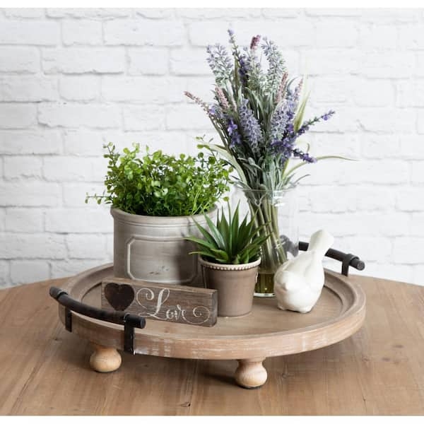 Round Wooden Footed Tray Decor With Natural Wood Grain and Raised Rim