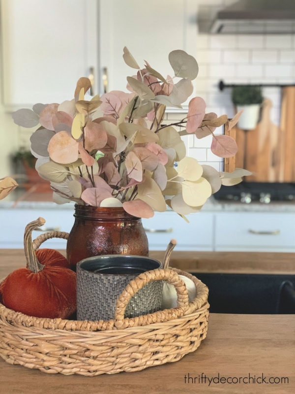 Round Wooden Tray Fall Vignette With Wood Chain Link and Taper Candles