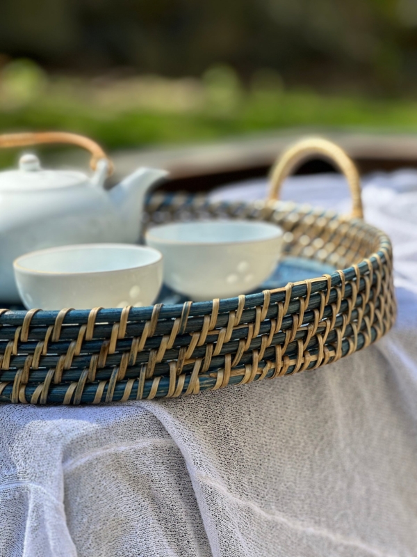 Round Woven Rattan Serving Trays in Navy Blue with Integrated Handles