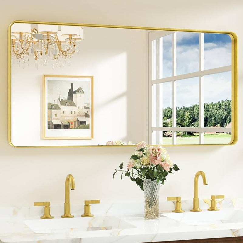 Rounded Rectangle Wall Mirror Slim Metal Frame, Brushed Finish Decor