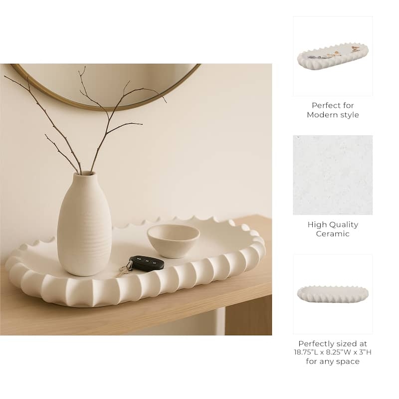 Ruffled Rectangle Ivory Ceramic Tray, Ruffled Coffee Table Tray
