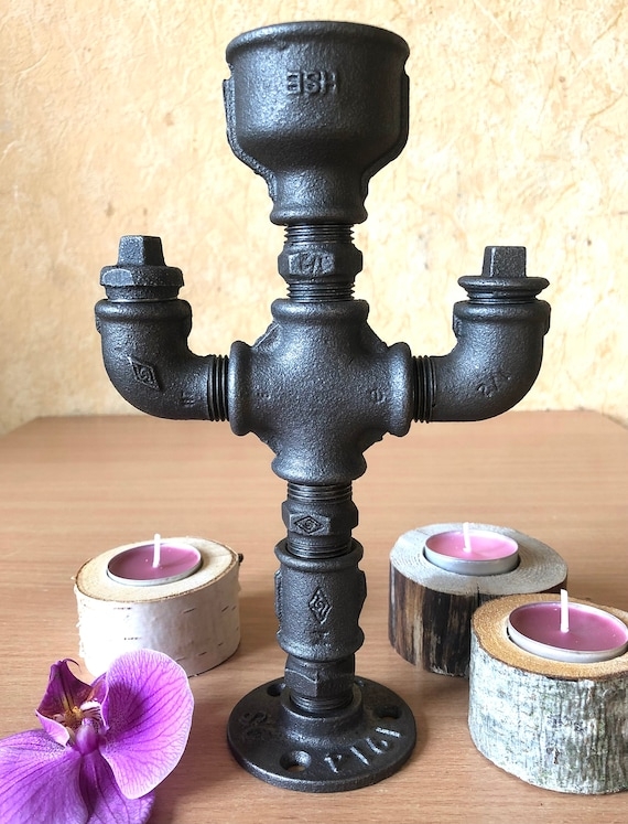 Rugged Iron Candelabra Four Tealight Industrial Pipe