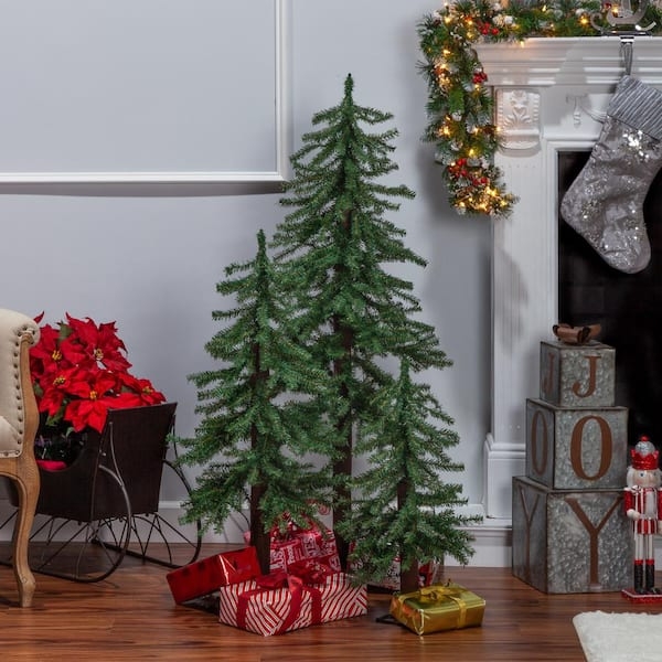 Rustic Alpine Christmas Tree Set: Unlit Tiered Trio on Square Bases.