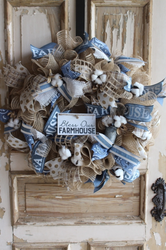 Rustic Botanical Wreath with Cotton Bolls and Layered Burlap Bow