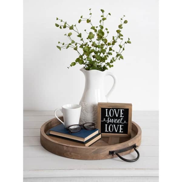 Rustic Brown Decorative Tray Wood Toned Curved Metal Handles