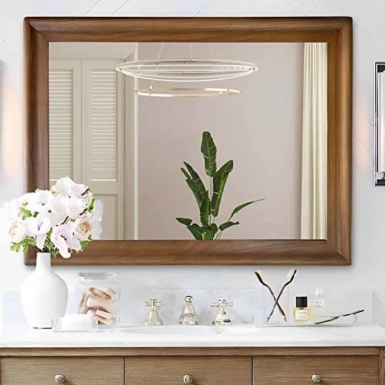Rustic Brown Wall Mirror Thick Wood Grain Frame, Farmhouse Entryway