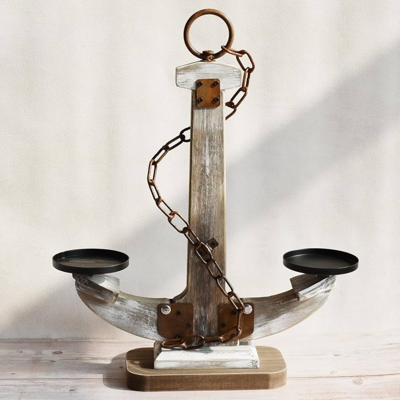 Rustic Brown Wooden Anchor Candlestick Holder for Two Tapers