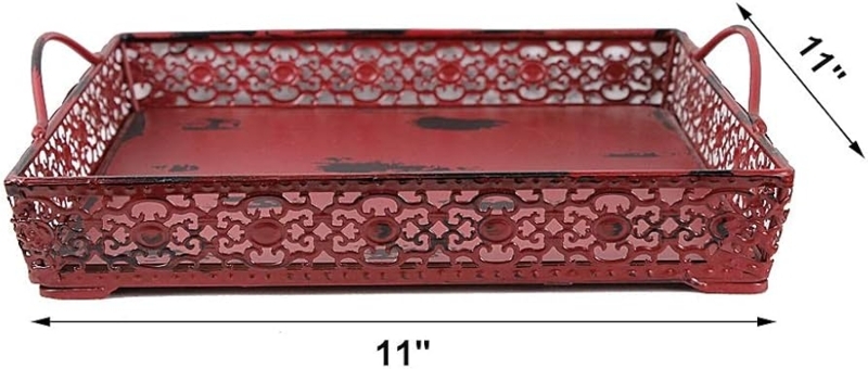 Rustic Burgundy Serving Tray, Distressed Metal Square with Side Handles