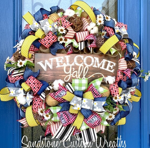 Rustic Burlap Mesh Wreath with 'Welcome Y'all' Sign and Lace Trim
