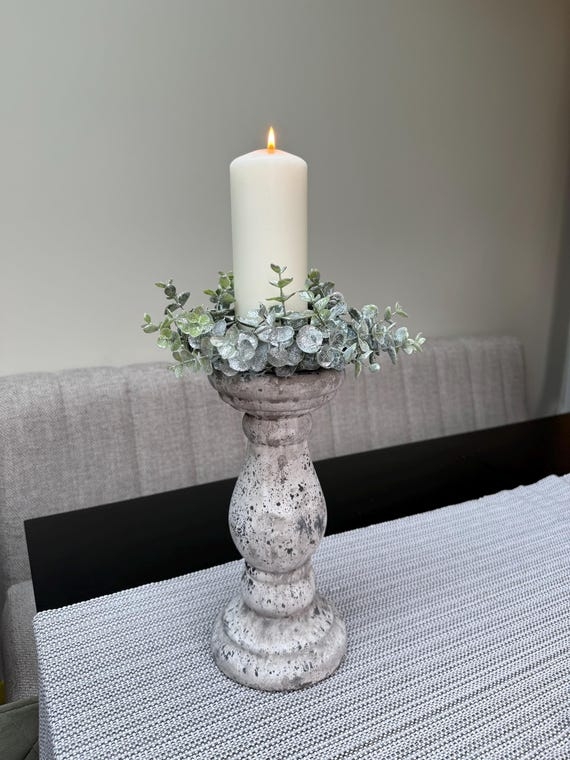 Rustic Candlestick Holder Matte Black Metal with Eucalyptus Ring