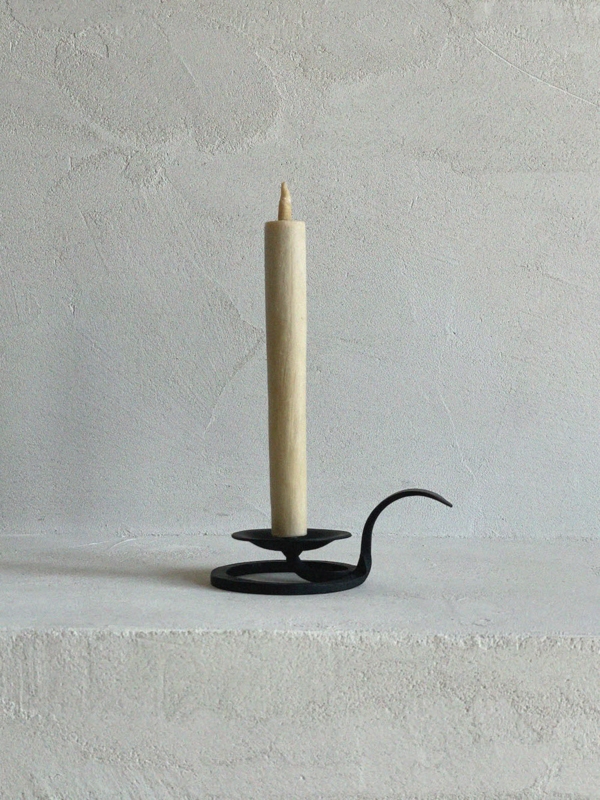 Rustic Cast Iron Chamberstick Holder: Finger Loop Handle, Textured