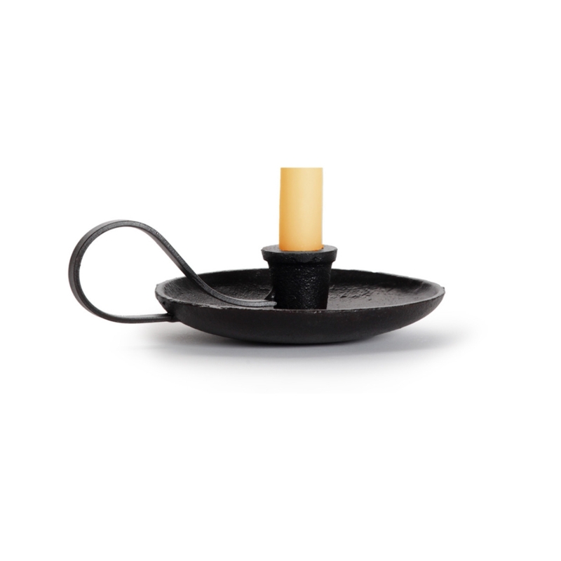 Rustic Cast Iron Chamberstick Holder: Ring Handle, Saucer Base