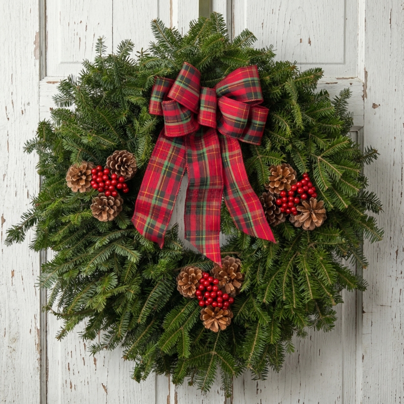 Rustic Country Christmas Wreath with Gold Tartan Bow Pinecones
