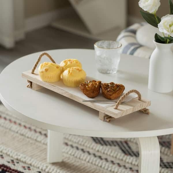 Rustic Decorative Tray with Rope Handles, Natural Wood Farmhouse Style