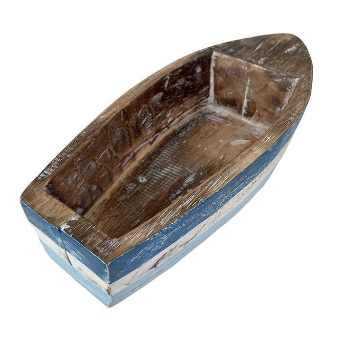 Rustic Distressed Blue Wood Boat Tray Bench Seats Coastal Beach House Bowl