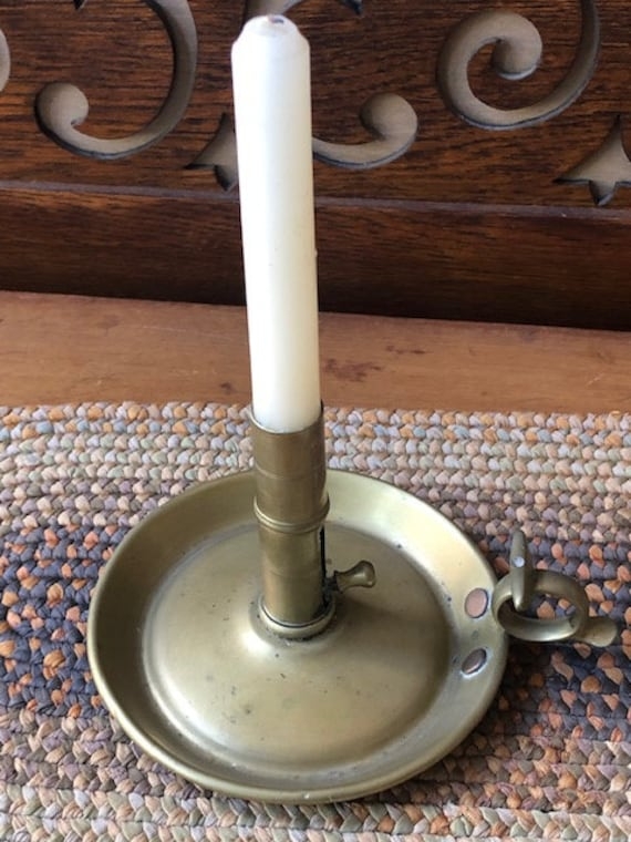 Rustic Distressed Brass Chamberstick Holder with Finger Lift Handle