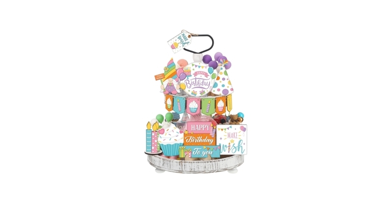 Rustic Farmhouse Birthday Tiered Tray Decor Set with Pastel Signs