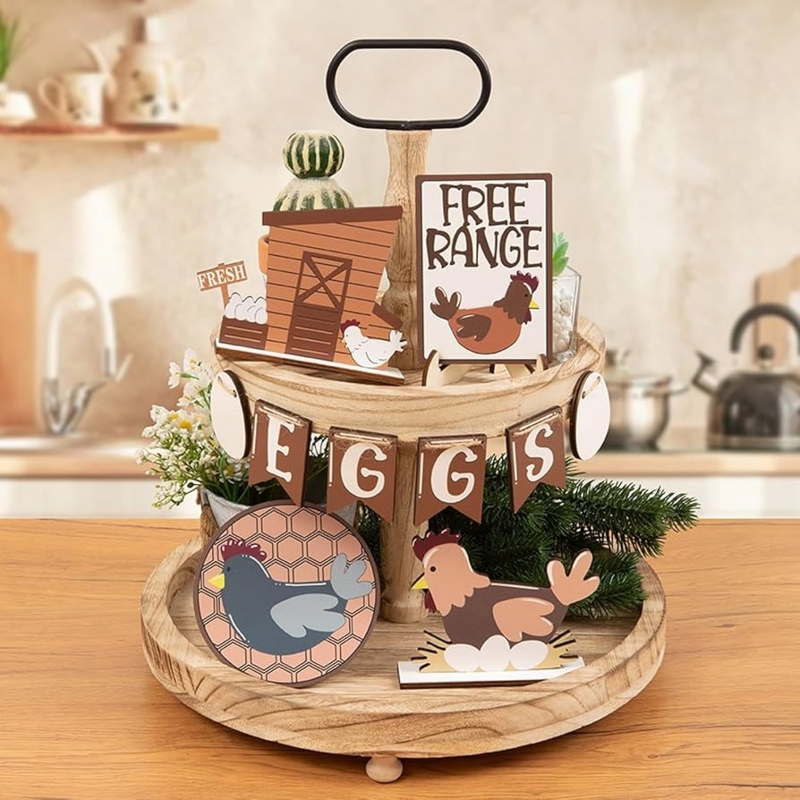 Rustic Farmhouse Chicken Tiered Tray Decor Set with Stand (64 characters)