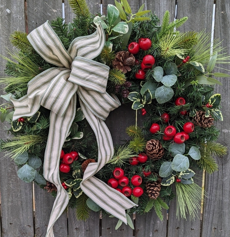 Rustic Farmhouse Evergreen Wreath with Ticking Stripe Bow