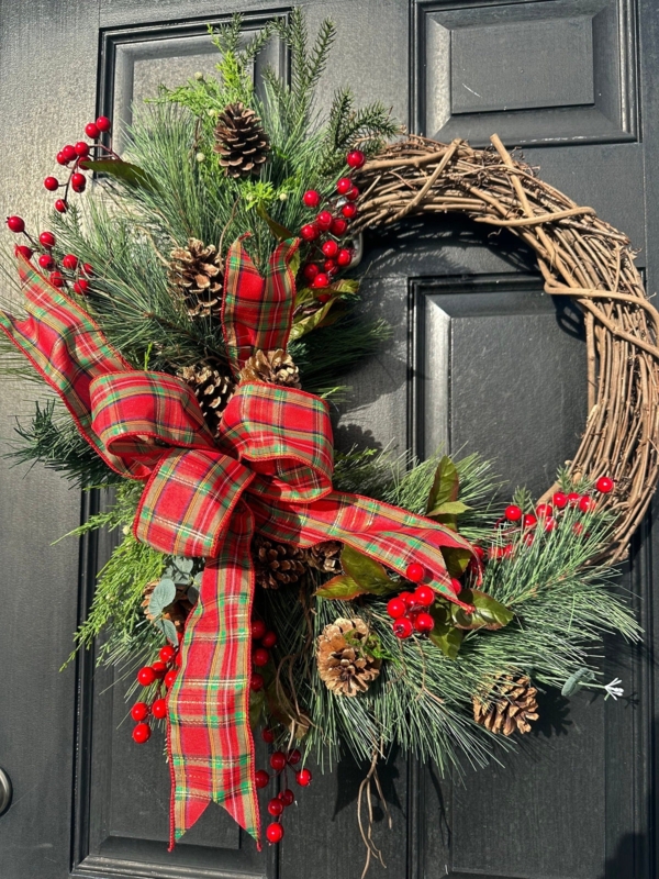 Rustic Farmhouse Wreath with Frosted Pinecones Plaid Bow
