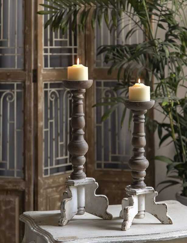 Rustic Floor Candle Holder Set Distressed Whitewash Spindle Wood