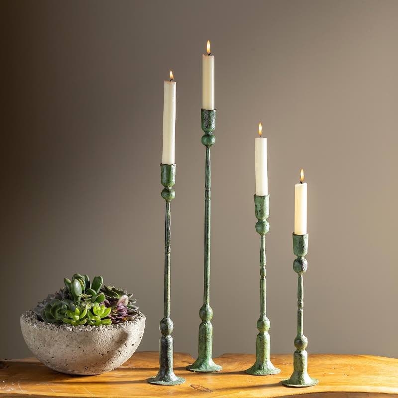 Rustic Forged Iron Taper Candle Holders Green Patina Distressed Set