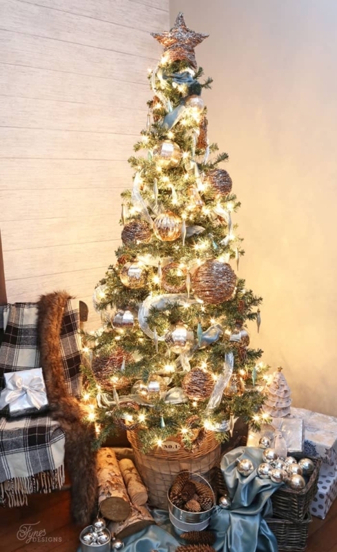 Rustic Glam Christmas Tree Ideas with Wicker Tree Collar and Burlap Garland