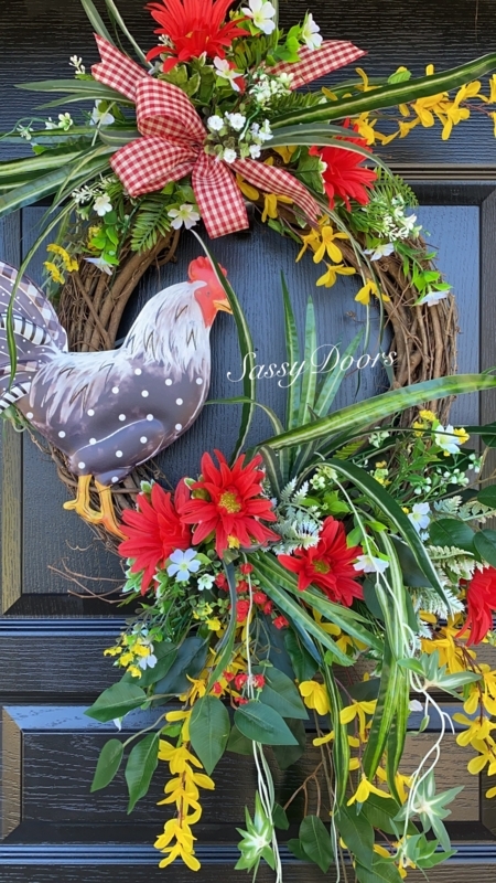 Rustic Grapevine Rooster Wreath with Sunflowers and Cotton