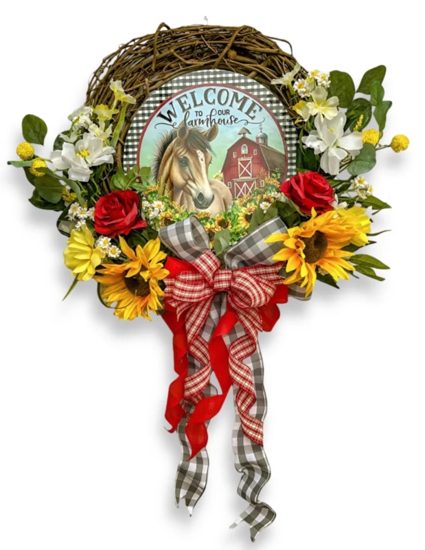 Rustic Grapevine Wreath with Horse Barn Sign and Sunflowers