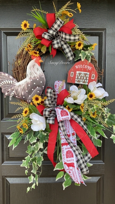 Rustic Grapevine Wreath with Rooster, Sunflowers, and Cotton Bolls