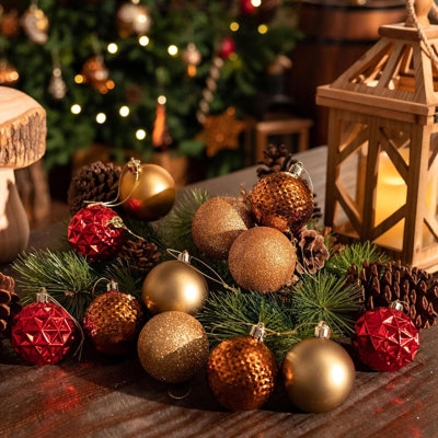 Rustic Holiday Ornament Set: Burnt Orange Ribbed and Glittered Balls